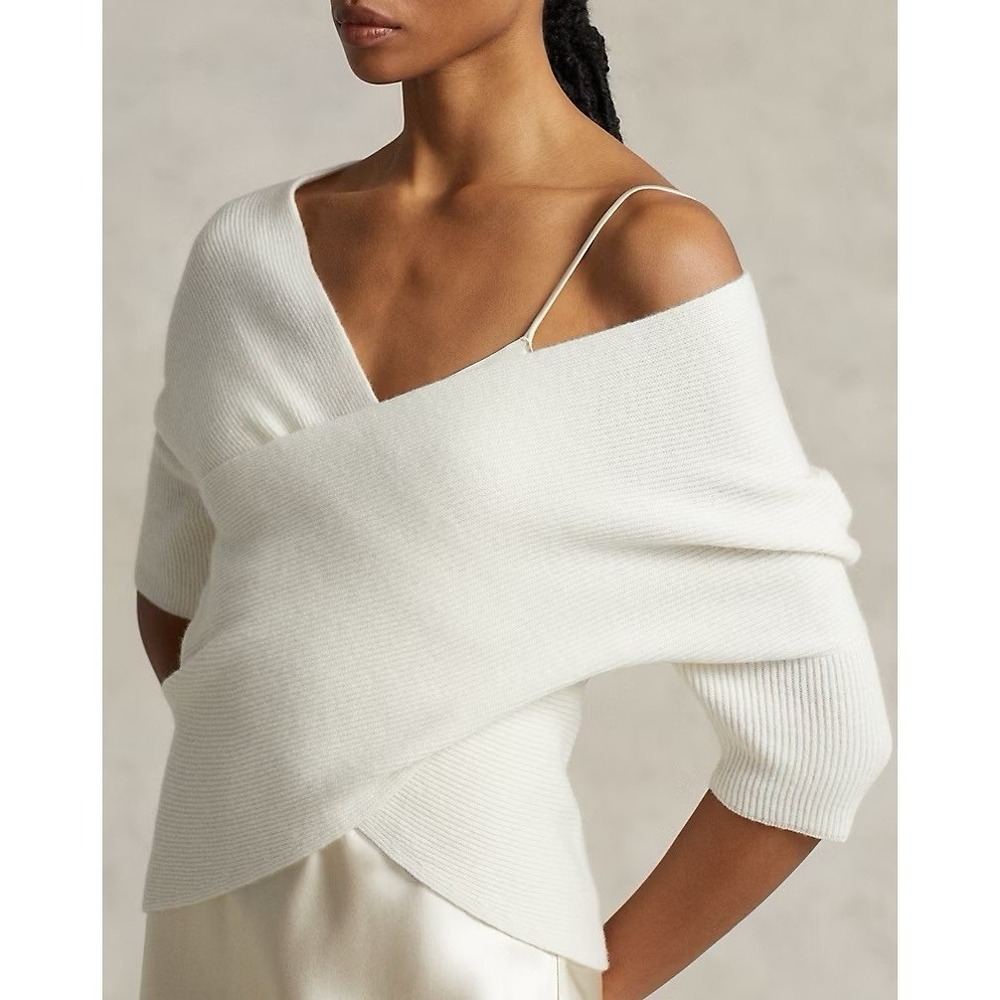NWT $428 Polo Ralph Lauren Rib-Knit Crisscross 100%  Cashmere Top Chic Cream XXL